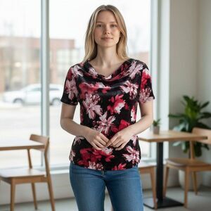 Liz Claiborne Floral Blouse PM Petite Medium Black Red Flower Cap Sleeve Career